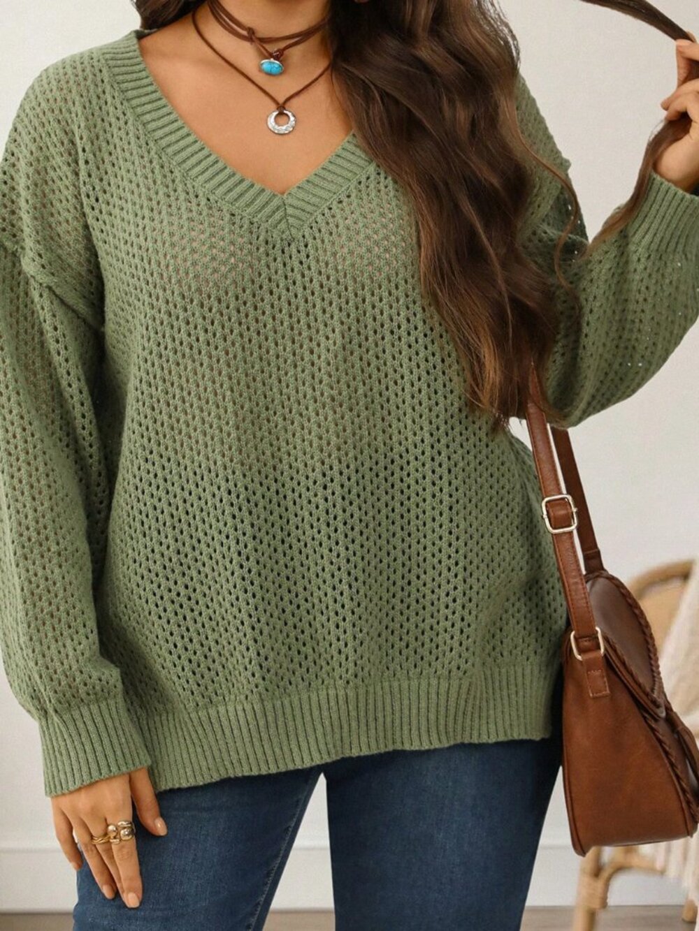 Green Casual Women's Plus Size Loose Hollow V-Neck Drop Shoulder Sweater - Picture 4 of 7
